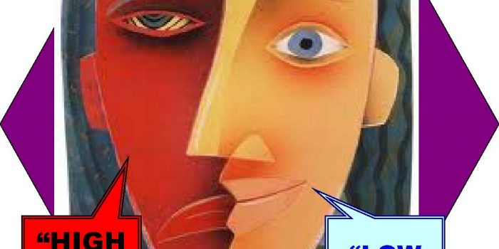 Low risk in a blue box, high risk in a red box, each dialogue box pointing to different sides of a single face split down the middle in a stylistic manner
